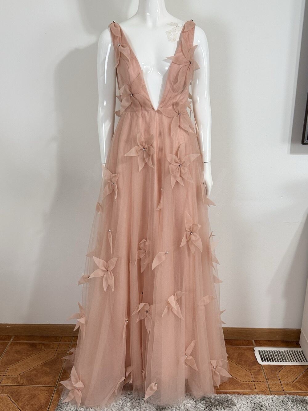 Fairycore Dusty Pink Floral Tulle Prom Dress Maxi Gown Deep V-Neck Women XS NWOT